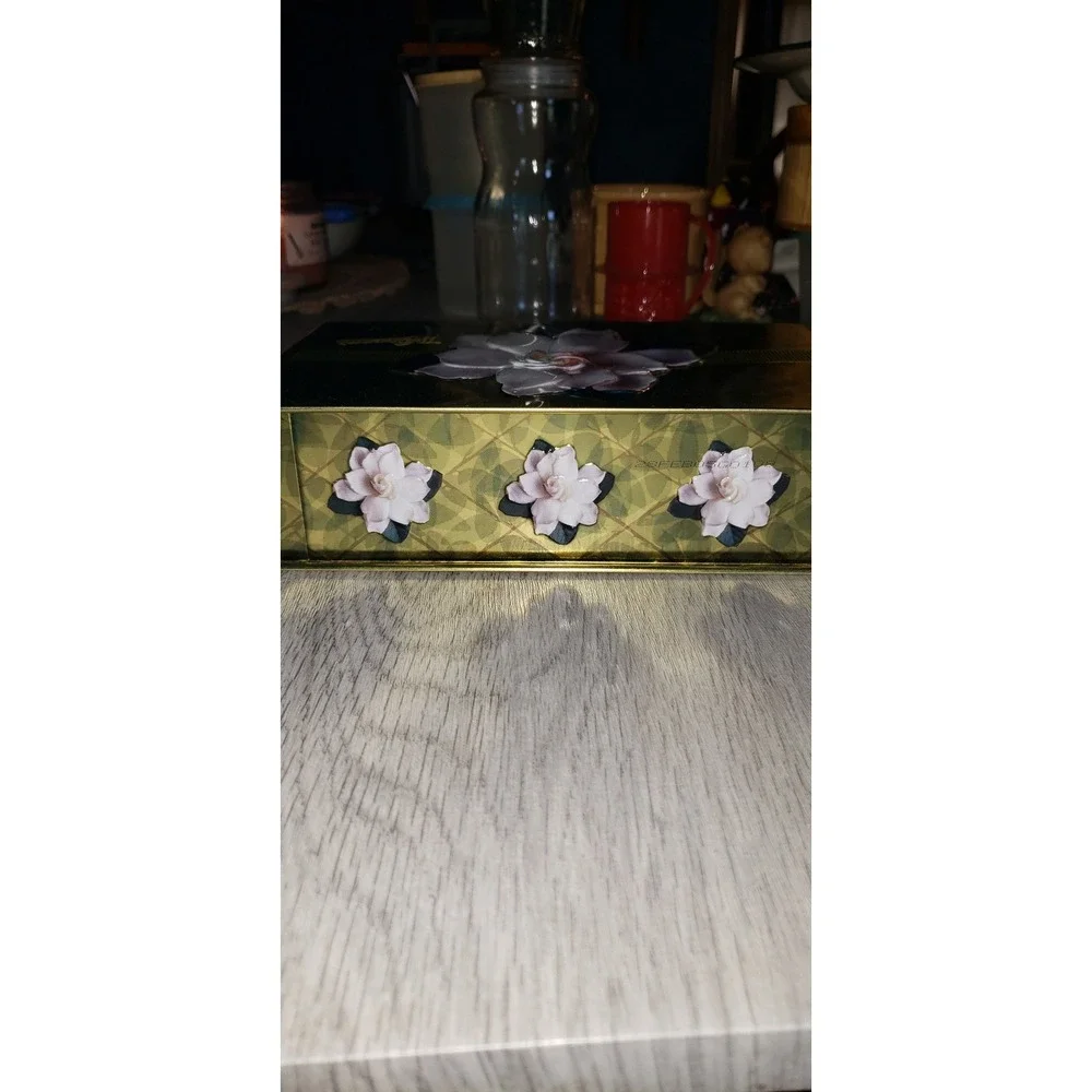 Whitmans Sampler Tin Gold Green Floral Gardenia 3D Embossed Chocolate Box Empty